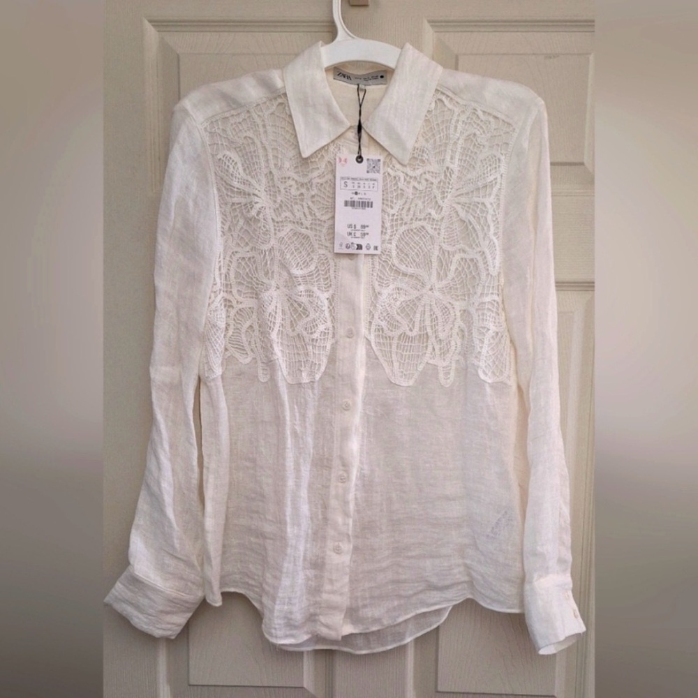 NWT Zara Women linen appliqué button-up long sleeve blouse shirt (ZW Collection)